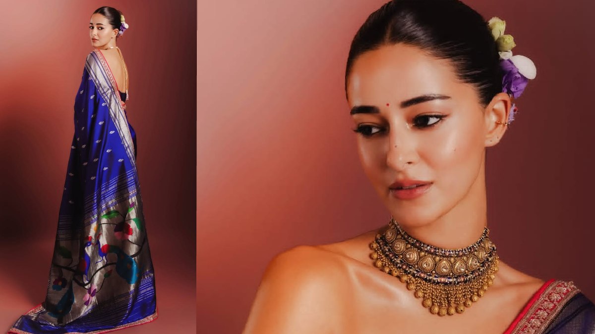 Ananya Panday in royal blue Banarasi drape