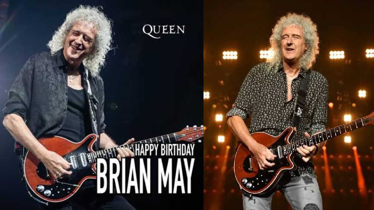 Brian May performing live with Queen using his iconic Red Special guitar