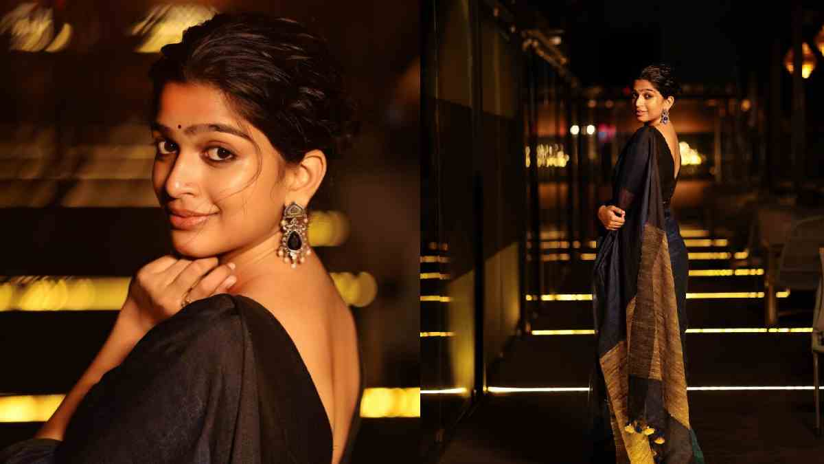 Ananthika Sanilkumar Mesmerises Fans in Elegant Navy Blue Saree During ‘Romanchakam’ Promotions