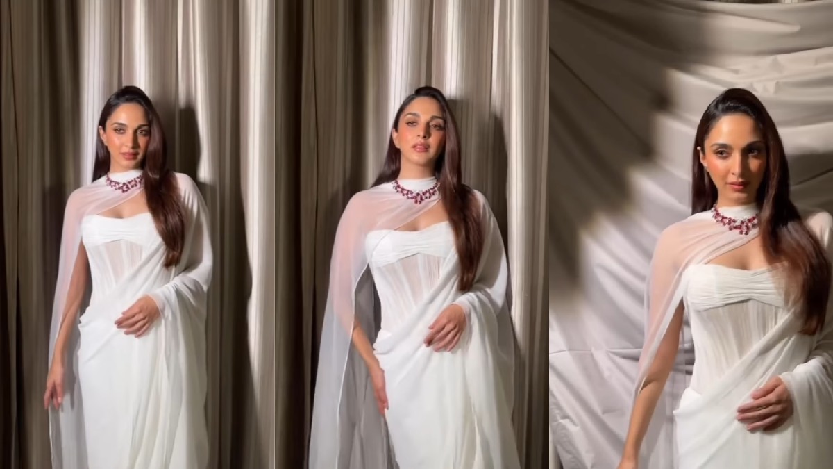 Kiara Advani Stuns In White Chiffon Saree And Ruby Jewellery For Toxic Promotions