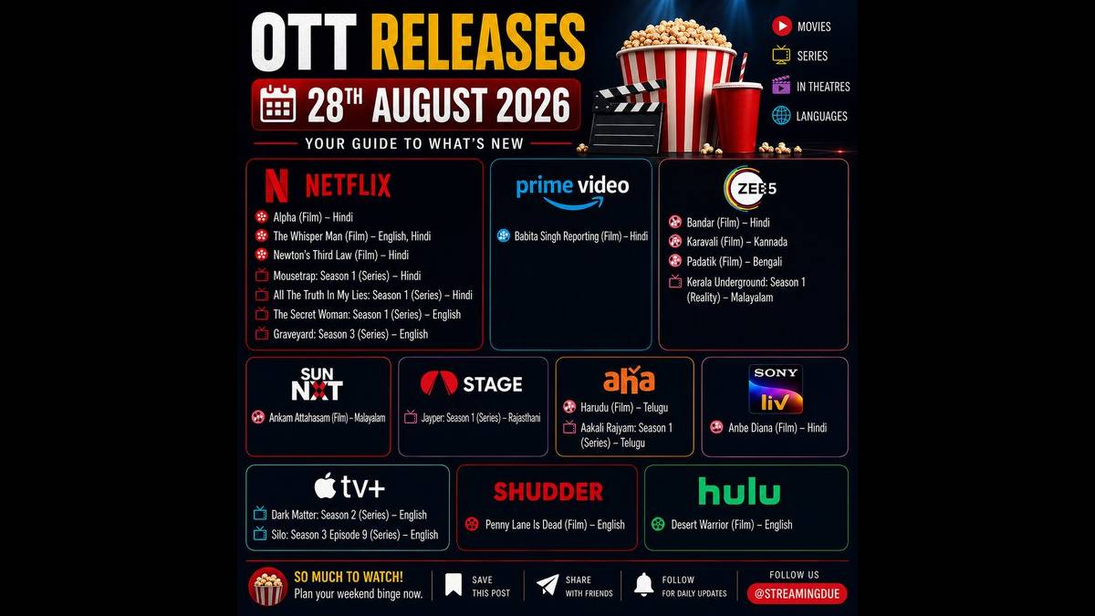 OTT Releases on August 28, 2026: Complete List of Movies and Series Across Major Streaming Platforms